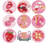 Satiskid 8Pcs Pink Disco Diamond Painting Coasters Kit, DIY 5D Gem Art Coasters with Holder, Funny Lips Dice Wine Glass Designs for Home Decor