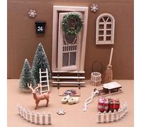 Satiskid Christmas Gnome Door Set, Christmas Fairy Door Set with Windows, Christmas Tree, Elk, Sleigh, Stairs, Ladders, Fences, Xmas Miniature Dollhouse Accessories, Miniature Garden Decoration