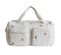 Satiskid Diaper Tote Bag, Quilted Baby Changing Bag with Teddy Bear Embroidery, Large Capacity White Maternity Bag for Hospital Travel, Baby Nappy Storage Tote with Multiple Pockets
