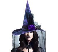 Satisyo Gothic Witch Hat Adult Wizard Hat Halloween Costume Hats Sorcerer Costume Accessories Scarecrow Cap for Cosplay Party, Large, Purple Floral, Long Gauze, Large