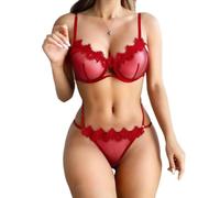 Satohom Sexy Lingerie Sets for Women Two Pieces Erotic Underwear Mesh See Through Eyelash Lacy Babydoll Naughty Push Up Bra with G-Strings High Waisted Nightwear for Valentines Honeymoon Red