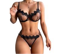 Satohom Sexy Lingerie Sets for Women Two Pieces Erotic Underwear Mesh See Through Eyelash Lacy Babydoll Naughty Push Up Bra with G-Strings High Waisted Nightwear for Valentines Honeymoon Black
