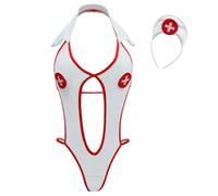 Satohom Sexy Women Nurse Cosplay Halterneck Bodysuit One Piece Bodycon Lingerie Ladies Deep V Mesh Nurse Role Play Uniform Naughty Costume Fancy Dress Sling Babydoll Nightwear Party Outfit