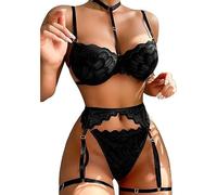 Satohom Women’s Sexy Choker Lingerie Sets Underwired Lace Push Up Bra and G-String Underwear with Strappy Garter Belt Naughty 3 Piece Halterneck Nightwear Bikini for Women High Waistline Suspender