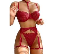 Satohom Women Sexy Choker Floral Lingerie 3 Pieces with Garter Belt Lace Push Up Bra and Panties Sets, Ladies Halter Teddy Babydoll Sheer Underwire High Waisted Suspender Nightwear One Size Red Wine