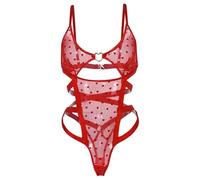 Satohom Women Sexy Mesh Bodysuit See Through Heart Pattern Teddy Babydoll Lingerie, One Piece V Neck Strap Thong Jumpsuit Backless Nightwear, Sheer Slim Fit Underwear Sleepwear for Clubwear Red