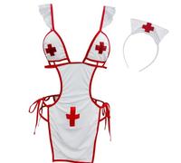 Satohom Women Sexy Nurse Roleplay Lingerie Set Three Point Bikini Babydoll Ladies Naughty Open Back Nurse Outfit Fancy Dress Sleepwear Doctor Cosplay Costume Strap Nightwear for Halloween
