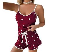Satohom Womens 2pcs Pyjamas Sets Ice Silk Satin Loungewear Love Printed Sexy Adjustable Spaghetti Straps Cami Short Sleeve Shirt Sleepwear Ladies Summer Suspender Home Clothes Set Soft Pjs Wine Red