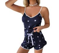 Satohom Womens 2pcs Pyjamas Sets Ice Silk Satin Loungewear Love Printed Sexy Adjustable Spaghetti Straps Cami Short Sleeve Shirt Sleepwear Ladies Summer Suspender Home Clothes Set Soft Pjs Navy Blue
