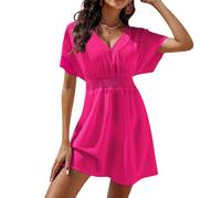 Satohom Women's Dress Solid Color Summer Short Sleeve Lotus Leaf V-Neck Knee-Length Pleated Chic Elegant Print Casual Beach Belted Dress Short Sleeves A-line Skirt Chiffon, Pink-red, S