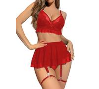 Satohom Womens Lace Lingerie Set Sheer Mesh Teddy Babydoll Push Up Underwire Bra G String Mini Skirt Underwear 4 Piece Sleepwear Valentines Sexy Plus Size Garter Belt Leg Ring Nightwear S-XL Red
