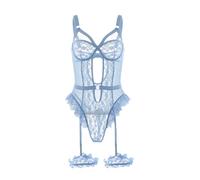 Satohom Women's Mesh Lingerie Sets with Wide Garter Belt Push Up Underwire Bodysuit, One Size Sexy Floral Lace Strappy Teddy Babydolls Snap Crotch Underwear Set with Thigh Cuffs for Women UK