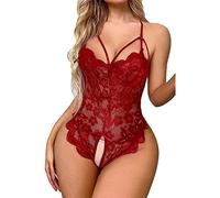 Satohom Women's Sexy Babydoll Nightgown & Bodysuit Pyjamas Set, Transparent Lace V Neck Open Erotics Sleepwear, Hot Hollow Lingerie, Red, XL-XXL