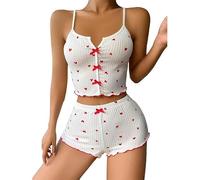 Satohom Women's Sexy Bow Pyjamas 2 Piece Heart Babydoll Sleepwear V-neck Lingerie Chemise Camisole Sleeveless Nightwear Comfort Top Elastic Waist Pajama Bottoms Spaghetti Straps Sleepwear for Women