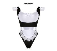 Satohom Women's Sexy French Maid Bodysuit Anime Cosplay Outfits Sweet Classic Lolita Apron Lace Lingerie Set Lady Hollow Out Back Cross Straps Maid Cute Teddy Babydoll Sleepwear One Size