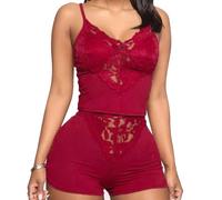 Satohom Women's Sexy Lace Pyjama Set V-Neck Camisole and Shorts Soft Summer Sleepwear Backless Lingerie Nightwear with Adjustable Shoulder Strap Loungewear Casual Cami Tank Pj's Set for Women Red