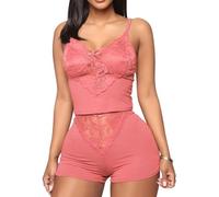 Satohom Women's Sexy Lace Pyjama Set V-Neck Camisole and Shorts Soft Summer Sleepwear Backless Lingerie Nightwear with Adjustable Shoulder Strap Loungewear Casual Cami Tank Pj's Set for Women Pink