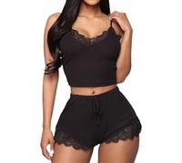 Satohom Womens Sexy Pyjamas Sets Lace Camisole and Shorts 2 Pieces Bride Pjs Set Soft V-Neck Sleepwear Loungwear Summer Adjustable Cami Tops Elastic Home Nightwear for Bedroom Plus Size S-XL Black