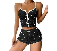Satohom Womens Summer Cotton Pyjamas Set Heart Printed Pattern Camisole and Shorts 2 Pieces Soft V-Neck Pjs Sets Sleepwear Loungwear Cami Tops with Straps Elastic Home Solid Color Nightwear Black