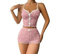 Satohom Womens Summer Cotton Pyjamas Set Heart Printed Pattern Camisole and Shorts 2 Pieces Soft V-Neck Pjs Sets Sleepwear Loungwear Cami Tops with Straps Elastic Home Solid Color Nightwear Pink