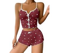 Satohom Womens Summer Cotton Pyjamas Set Heart Printed Pattern Camisole and Shorts 2 Pieces Soft V-Neck Pjs Sets Sleepwear Loungwear Cami Tops with Straps Elastic Home Solid Color Nightwear Red