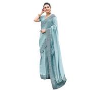 Satrani Women's Art Silk Dyed & Embroidery & Stone Work Saree with Unstitched Blouse Piece, Pastel Blue, One Size