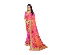 Satrani Women's Chiffon Bandhani Printed & Lace Embroidery Saree with Unstitched Blouse Piece, Orange & Rani Pink, One Size