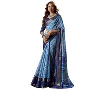 Satrani Womens Cotton Blend Printed Jacquard Trim Sari Saree with Unsewn Blouse, Light Blue and Navy, One size