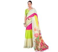 Satrani Women's Cotton Linen Printed Zari Border Saree with Unsewn Blouse, Cream & Lime Green & Rani Pink 1, One Size