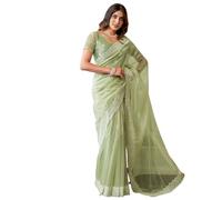 Satrani Women's Embroidery Border Organza Saree with Unstitched Blouse Piece, Pista Green, One Size