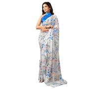 Satrani Womens Floral Print Satin Stripe Georgette Saree with Unstitched Blouse, White and Dark Blue, One Size