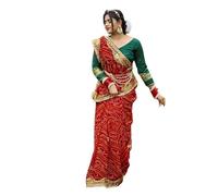 Satrani Women's Georgette Bandhani Printed & Gota Lace Saree with Unstitched Blouse Piece, Red, One size
