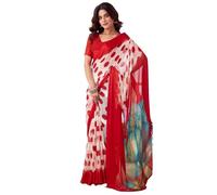 Satrani Women's Georgette Geometric Printed Satin Stripe Saree with Unstitched Blouse Piece, Red & White, One size
