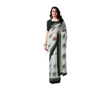 Satrani Women's Georgette Printed | Geometric Printed Satin Patta Zari Stripe Saree with Unstitched Blouse Piece, Pista Green & Dark Green, One Size