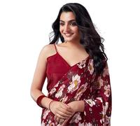 Satrani Women's Georgette Printed Satin Patta Saree with Unstitched Blouse Piece, Maroon, One Size