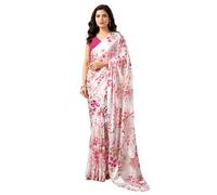 Satrani Women's Georgette Saree with Floral Print, Satin, Striped, with Unhemmed Blouse, White/pink, Einheitsgre