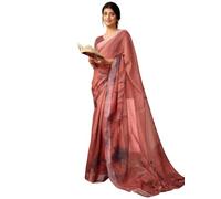 Satrani Women's Linen Printed & Zari Border Ready To Wear One Minute Pre Pleated Readymade Saree with Unstitched Blouse Piece, Chestnut Brown, One size
