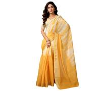 Satrani Women's Linen Zari Border Printed Ready To Wear One Minute Pre Pleated Readymade Saree with Unstitched Blouse Piece, Yellow, One Size