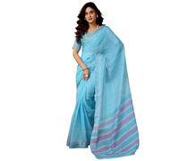Satrani Women's Linen Zari Border Printed Ready To Wear One Minute Pre Pleated Readymade Saree with Unstitched Blouse Piece, Blue, One size