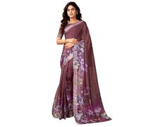 Satrani Women's Linen Zari Border Printed Ready To Wear One Minute Pre Pleated Readymade Saree with Unstitched Blouse Piece, Chestnut Brown, One size