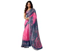 Satrani Women's Linen Zari Border Printed Ready to Wear One Minute Pre-Pleated Sari with Unhemmed Blouse Part, Dark Pink and Dark Navy Blue, One Size