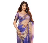Satrani Women's Organza Printed Zari Woven Jacquard Zari Stripe Saree with Unstitched Blouse Piece, Light Pink & Dark Blue, One Size