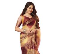 Satrani Women's Organza Printed Zari Woven Jacquard Zari Stripe Saree with Unstitched Blouse Piece, Yellow & Maroon, One size