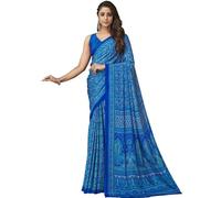 Satrani Women's Printed Crepe & Silk Saree with Unstitched Blouse Piece, Blue, One size