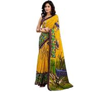 Satrani Women's Pure Cotton Printed Ready To Wear One Minute Pre Stitched Saree With Pocket And Unstitched Blouse Piece, Yellow, One size