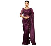 Satrani Women's Sari with Shimmering Mesh Embroidery and Scalloped Border with Unhemmed Blouse, wine red, Einheitsgre