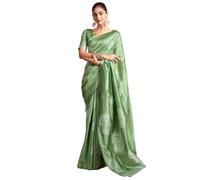 Satrani Women's Silk Blend Banarasi Jacquard Saree with Unstitched Blouse Piece, Pista Green3, One Size