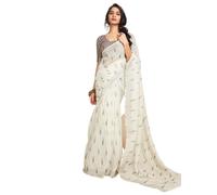 Satrani Women's Striped Print Cotton Zari Saree Ready to Wear with Unstitched Blouse, White 4, One Size