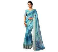 Satrani Zari Trim Printed Linen Saree One Minute Ready Pre-Pleated with Seamless Blouse for Women, One Size