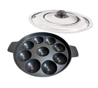 Satre Online and Marketing 9 Cavity Aluminium Appam Pan with Steel Lid, Induction Base Appam Pan, 2 Sided Handel, Appam Patra
